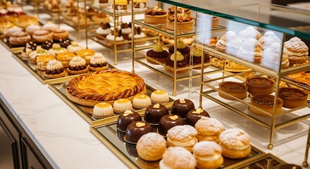 Fototapeta premium Assorted pastries and desserts displayed on a white marble counter with gold shelving in a bakery shop from a close-up viewpoint