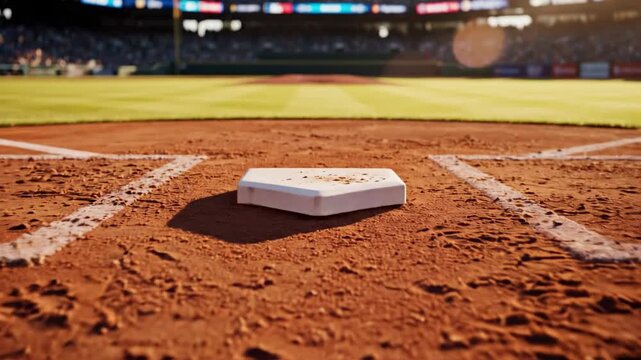 Baseball Diamond First Base With Crowd and Stadium Lights Warm Golden Hour Sun Rays
