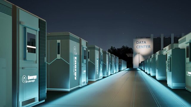 Energy storage systems or battery container units for data center at night 4k footage