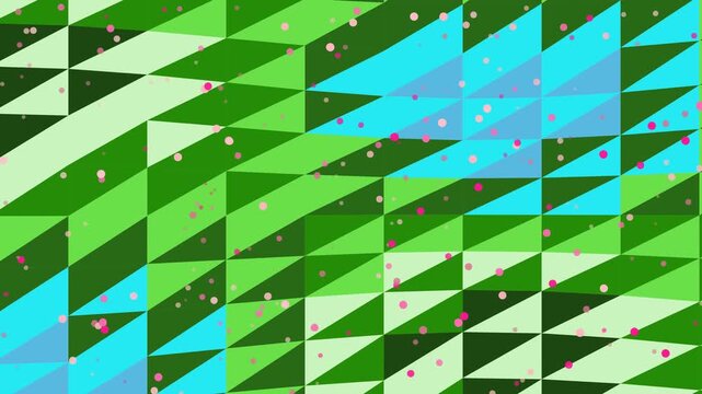 Abstract geometric pattern with vibrant green shades and scattered pink circles, creating a dynamic and modern visual texture.