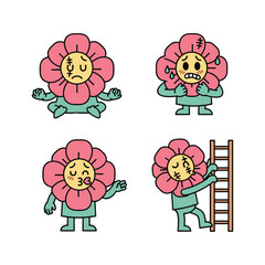 Fototapeta premium Cartoon flower characters expressing different emotions and actions in a minimalist style