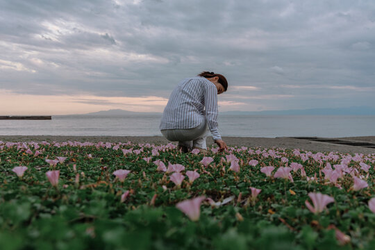 A woman crouching in a flower patch on the beach at dusk.