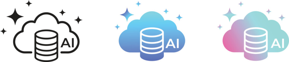 AI Cloud Computing Icon Set with Sparkle Stars and Data Server, Artificial Intelligence Creative Digital Solutions in Linear and Gradient Styles
