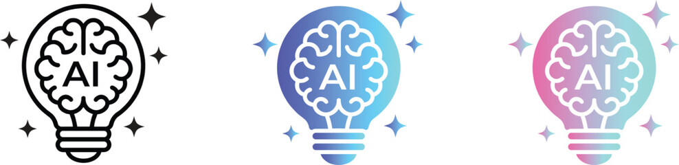 Futuristic AI Lightbulb Logos, Glowing Brain Icons with Sparkle Elements for Digital Innovation and Software Design