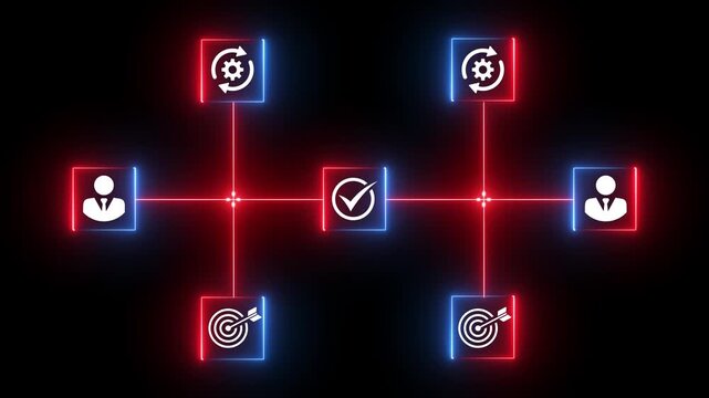 Colorful neon line with business icons animation isolated on black background
