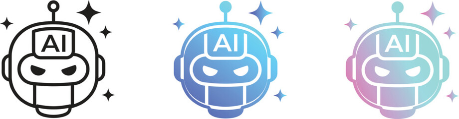 Set of futuristic AI robot head icons with sparkle stars, digital artificial intelligence avatar in line art and gradient styles.