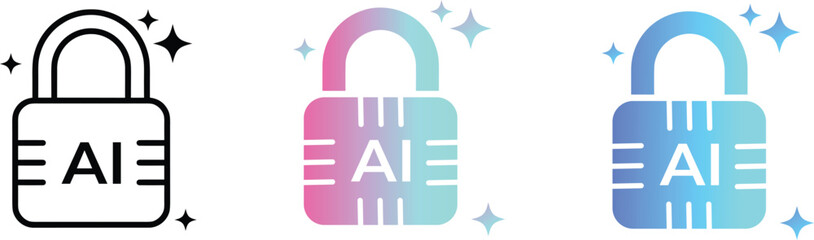 AI security lock icon set, artificial intelligence padlock with sparkle stars, futuristic cyber security concept, gradient blue and pink digital icons.