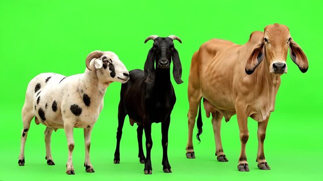 A spotted sheep, black goat, and brown cow stand together against a green screen, representing livestock prepared for the Idul Adha sacrifice.