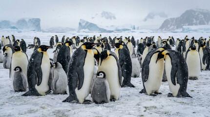 Emperor Penguins on Snowy Antarctic Landscape &ndash; Realistic Lighting and Wildlife Background