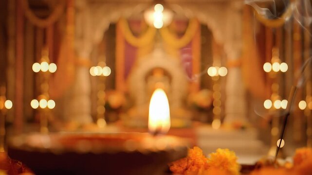 Traditional Diya Lamp Flame in Sacred Indian Temple Altar