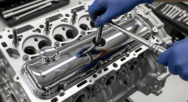 Mechanic tightening engine valve cover bolt with torque wrench close-up