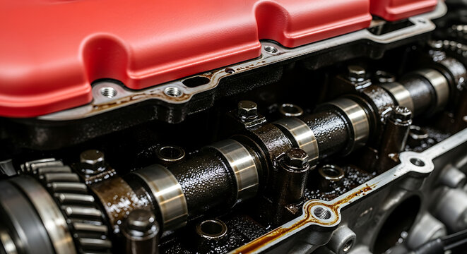 Internal Combustion Engine Camshaft and Gears with Red Valve Cover