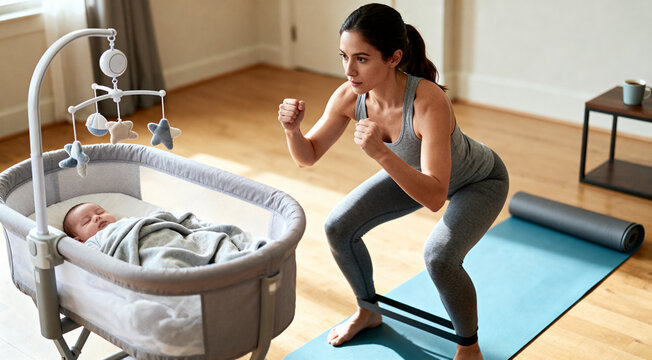 Fit young mother doing resistance band squats while her baby sleeps in a bedside bassinet at home