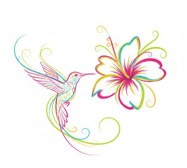 Naklejka premium Vibrant and stylized vector illustration of a graceful hummingbird in flight, approaching a magnificent hibiscus flower, rendered with delicate swirling lines and a burst of tropical hues