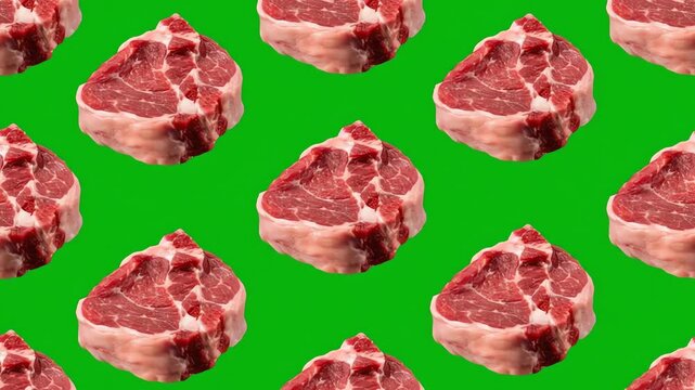 A vibrant, repeating pattern of fresh raw beef steaks moving diagonally across a bright green background, perfect for Idul Adha and food projects.