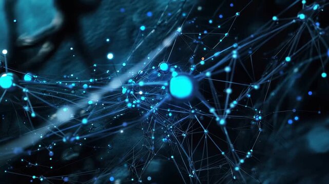 Stunning blue light patterns weave through a dark digital landscape, showcasing abstract connections and energy flow in technology