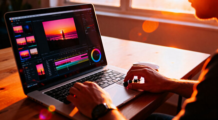 Professional video editor working on sunset footage using high-end laptop and color grading software