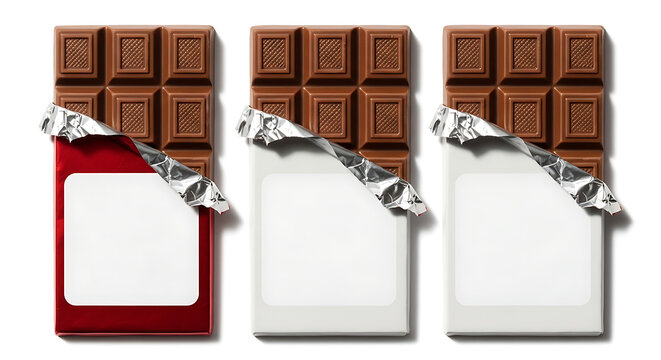 Professional studio shot of chocolate bar triptych, red metallic foil wrapper partially peeled back, realistic texture, soft shadow, blank white packaging template