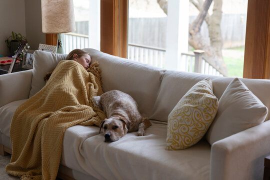 Young Girl nap on couch with pet dog 