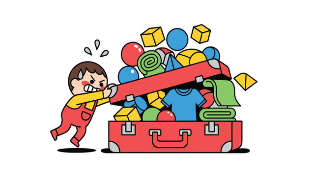 Overpacked Suitcase Struggle: Cartoon character trying to close an overflowing red luggage, depicting travel packing challenge.