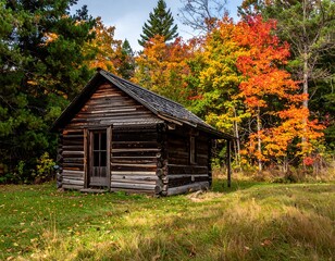 Obraz premium A small, old wooden cabin surrounded by trees with autumn foliage