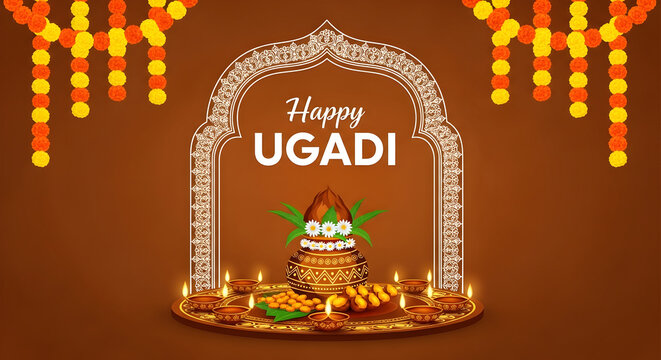 Happy Ugadi, New Year's Day according to the Hindu calendar - banner template design including Kalash, banana leaf, green mango, flowers and diya.