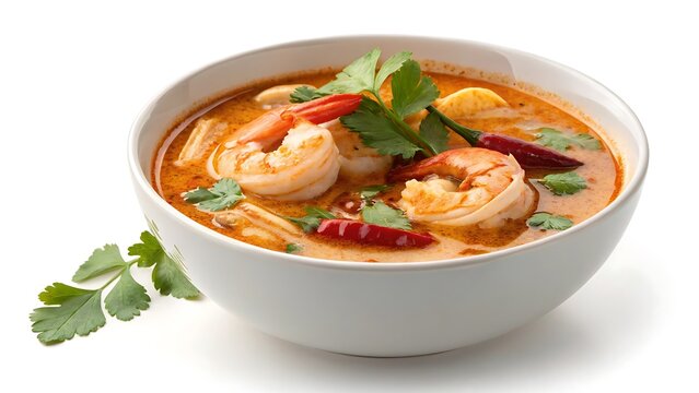 Spicy thai tom yum goong soup with shrimp and herbs
