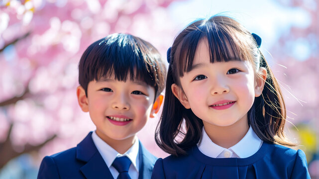 さくら背景の可愛いらしい小学校1年生