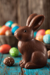 Chocolate Easter Bunny and Painted Eggs on Wooden Table Spring Celebration Theme