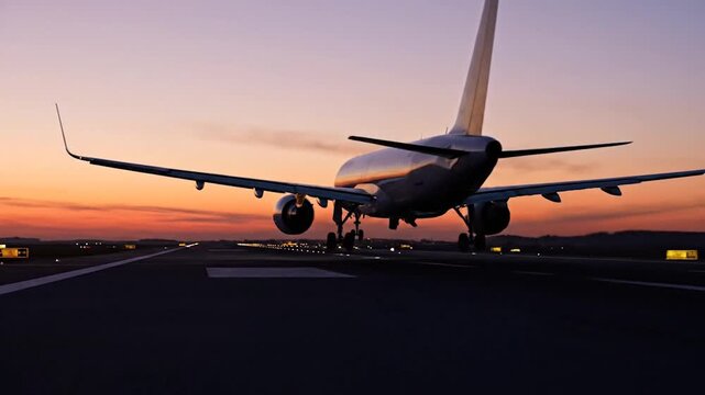 Tracking shot of passenger airplane landing on runway at dusk capturing smooth touchdown, evening aviation scene, airport arrival moment and cinematic commercial flight concept
