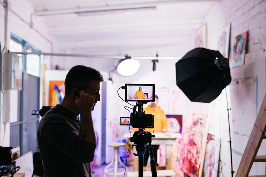 Filming setup with focused screen view

