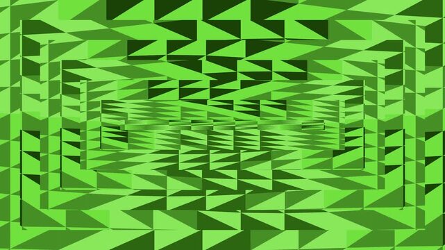 Abstract geometric pattern with nested squares and triangles in varying shades of lime green, creating a sense of depth and motion.
