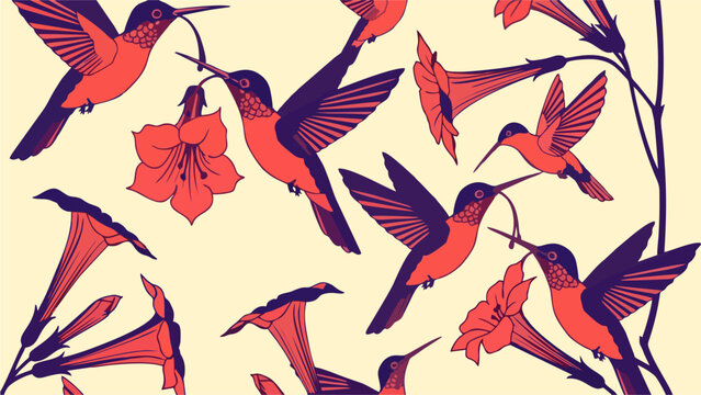 Vibrant Stylized Hummingbirds Feeding from Trumpet Flowers Seamless Pattern Background