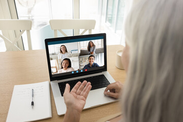 Multiethnic women take part in virtual meeting event, laptop screen view over female shoulder....