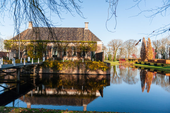Het Hogeland, Netherlands - November 17, 2018. Outdoor scene showing the Verhildersum Borg main building in the Dutch province of Groningen.