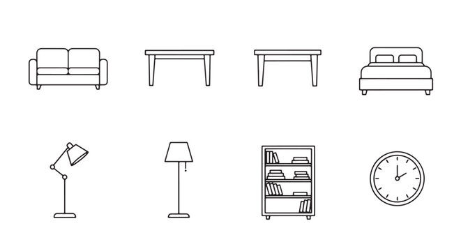 Home Furniture Clean Outline Stroke Vector Icon Pack with Sofa, Table, Bed, Floor Lamp, Bookshelf, Wall Clock