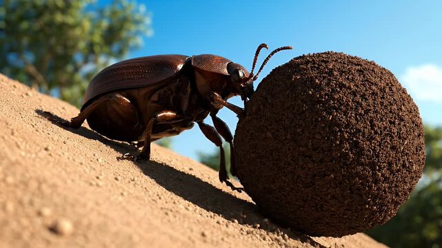 A close-up, detailed shot of a large brown beetle pushing a round ball of dirt up a sandy hill, symbolizing effort and persistence
