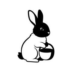 Obraz premium A simple black and white illustration of a rabbit with a bowl