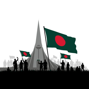 People silhouetted against the national monument and flag of bangladesh