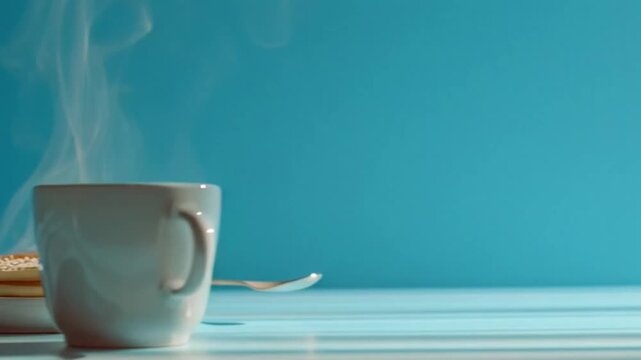 White cup and golden pancake on a blue background with copy space, presenting a clean minimalist breakfast concept in elegant cinematic 4K motion.