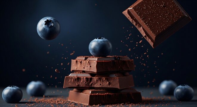 A stack of chocolate bars with blueberries and chocolate crumbs on a dark background