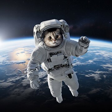 A cat in a spacesuit floating in outer space
