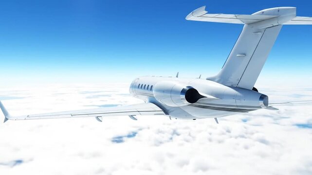 Aerial 3D render of charter private jet flying above clouds on sunny day showcasing luxury aviation travel, executive transport service and exclusive business flight experience
