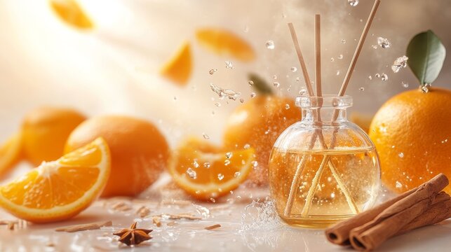 on a light background there is a diffuser bottle around it there are oranges 