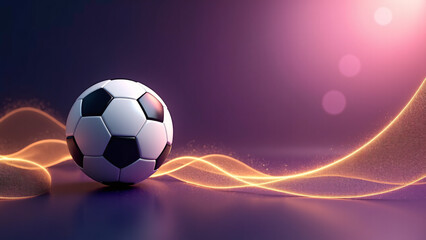 Naklejka premium A classic black‑and‑white soccer ball rests on a smooth surface as glowing orange light‑trails swirl across a purple‑pink gradient background, creating a vibrant, energetic digital‑sport aesthetic. 