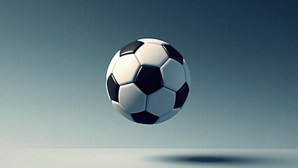 Fototapeta premium A classic black‑and‑white soccer ball floats against a blue gradient, its soft shadow anchoring it gently as it hovers in a clean, calm atmosphere. 