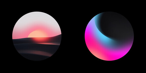 Abstract digital circles with gradient colors and sunset imagery  