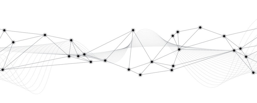 Node Connection with Curved Wavy Line Pattern on Transparent Background for Futuristic High Technology and Big Data Network Concept, Editable Stroke Vector Illustration