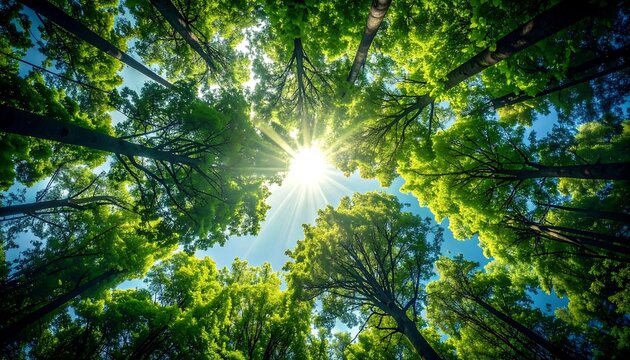 Looking up at sunlit treetops against a clear blue sky
