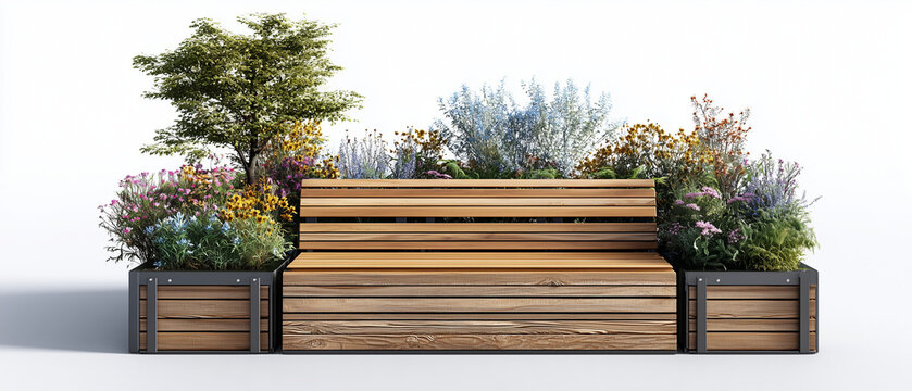 Wooden garden bench with colorful flowers and shrubs in planters  